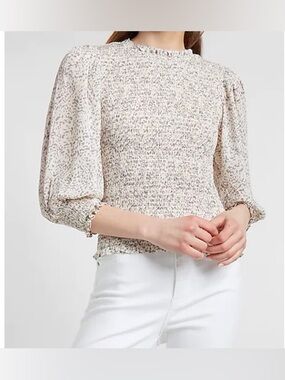 Express Cream & grey Speckled smocked long Sleeve Blouse polka dot